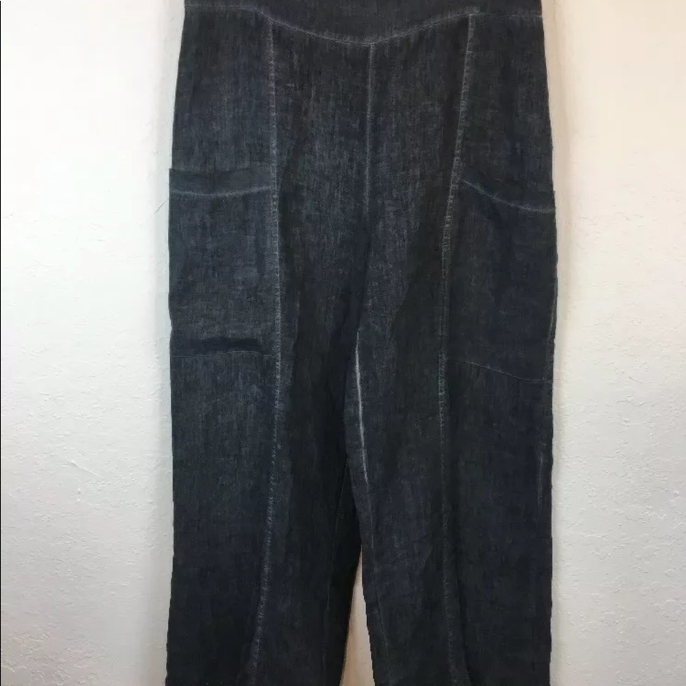 OIZINI 100% linen wide leg pant gray pockets L